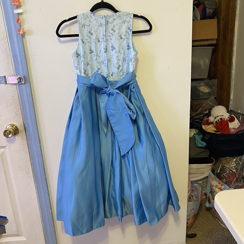 Teen Girls Dress 10/12 Blue Satin Bow Festive Wedding Holiday Party Dance Formal - Picture 8 of 8
